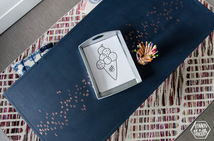 Kids play table makeover with navy chalk paint and copper leaf ABCs