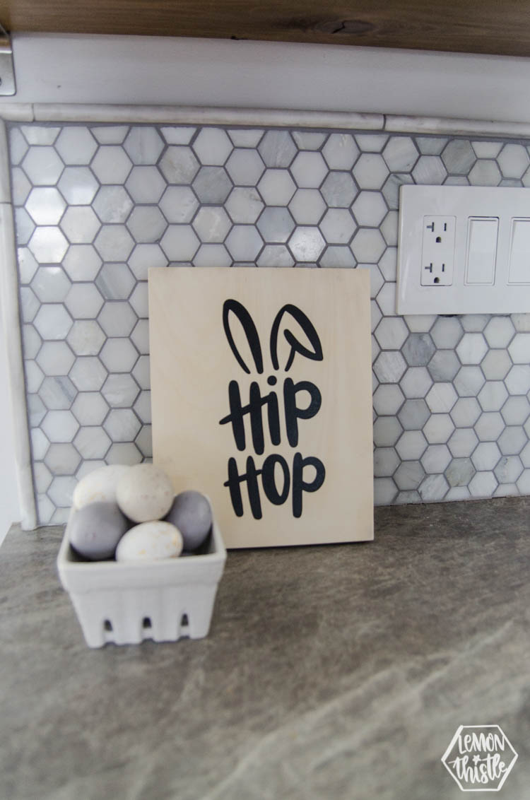 Wooden canvas Easter sign reads hip hop with bunny ears