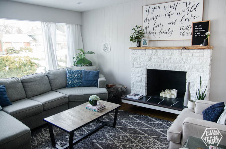 Family living room decorated for spring- modern neutral decorations