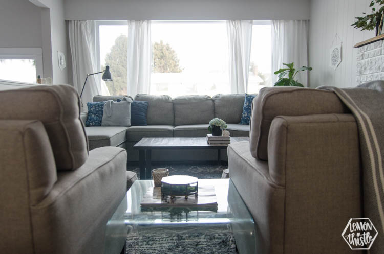 Family living room decorated for spring- modern neutral decorations