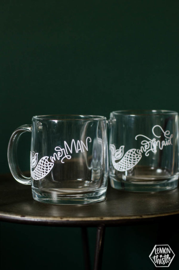 Glass merman mug with white design