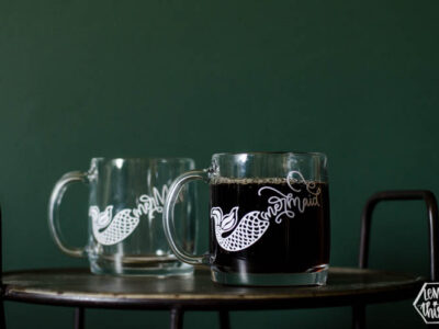 Glass mermaid mug- DIY clear glass mug with white lettering using vinyl