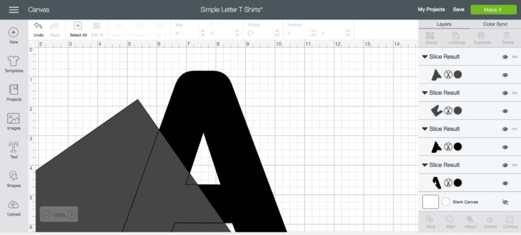 How to slice a letter into two colors using Cricut Design Space: Screen shot of slice results