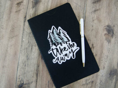 Take Me Away Vinyl Decal on Notebook- how to cut your own lettering out using Cricut