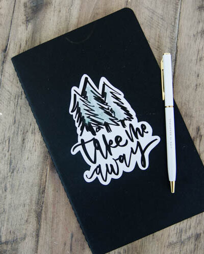 Take Me Away Vinyl Decal on Notebook- how to cut your own lettering out using Cricut