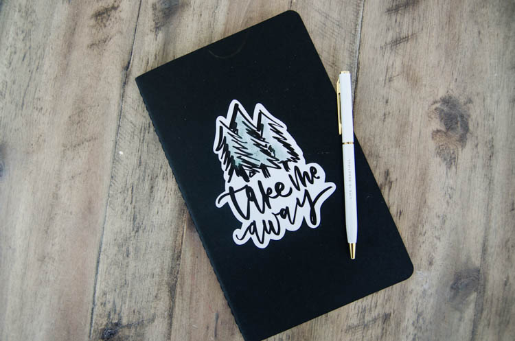 Take Me Away Vinyl Decal on Notebook- how to cut your own lettering out using Cricut