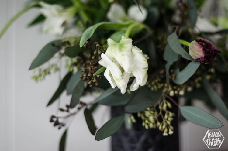 Parrot tulips in modern floral arrangement using floral foam