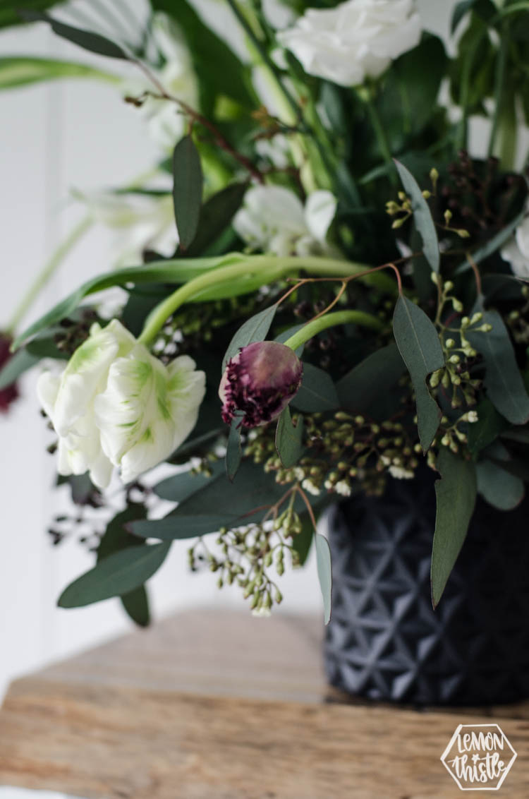 I love this Wild Flower Arrangement with bells of ireland and tulips! Great tips on modern florals using floral wet foam