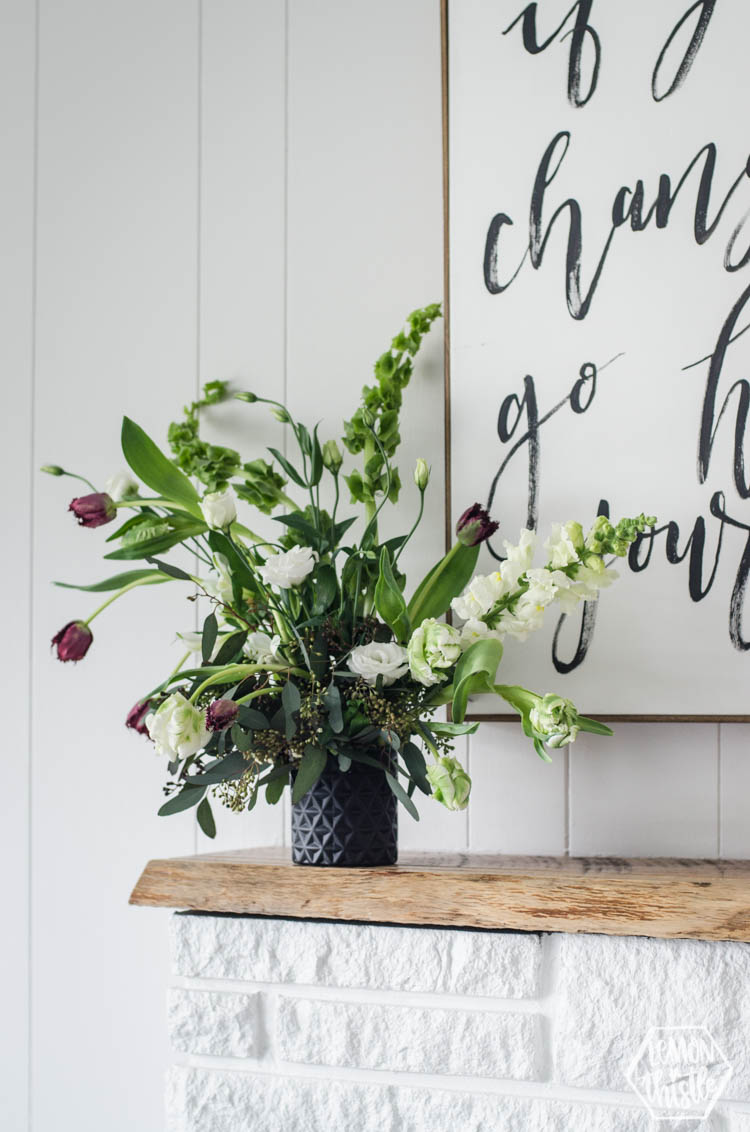 I love this Wild Flower Arrangement with bells of ireland and tulips! Great tips on modern florals using floral wet foam