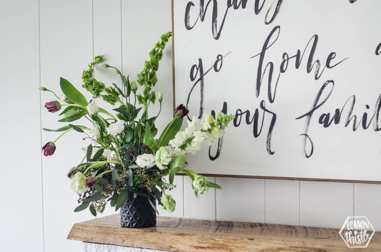 I love this Wild Flower Arrangement with bells of ireland and tulips! Great tips on modern florals using floral wet foam