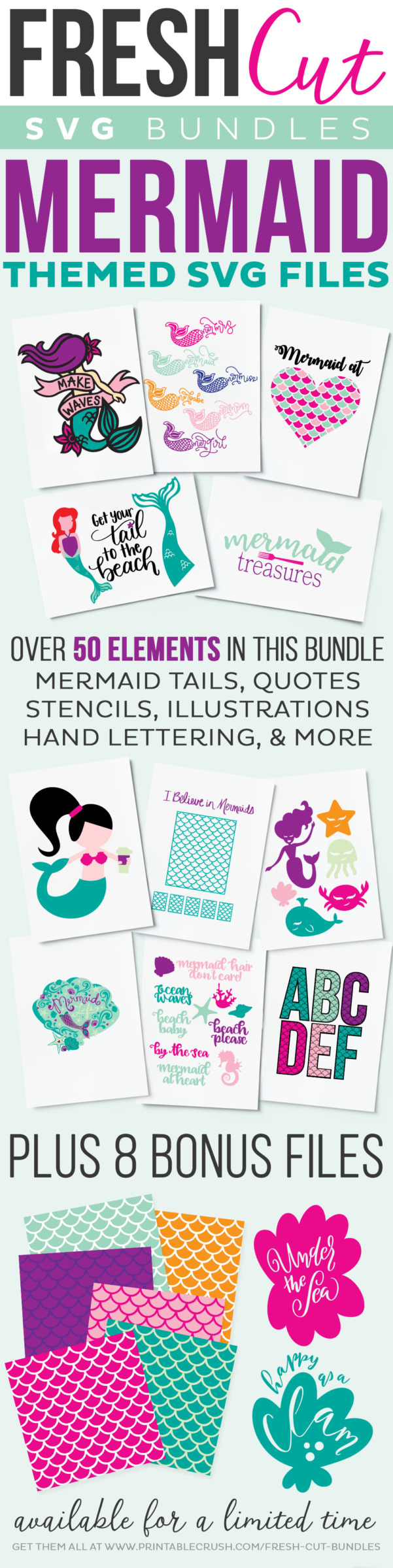 Mermaid themed Fresh Cut SVG Bundle collage of designs