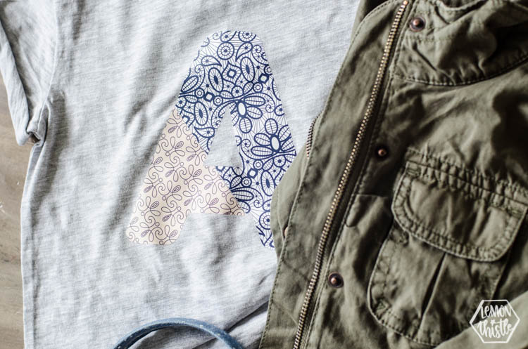 Modern Feminine monogram tshrit with A in pink and blue lace patterned iron on