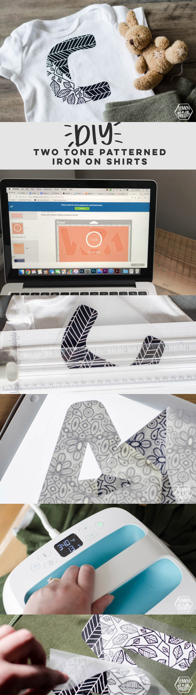 collage of process- how to make patterned letter tshirts