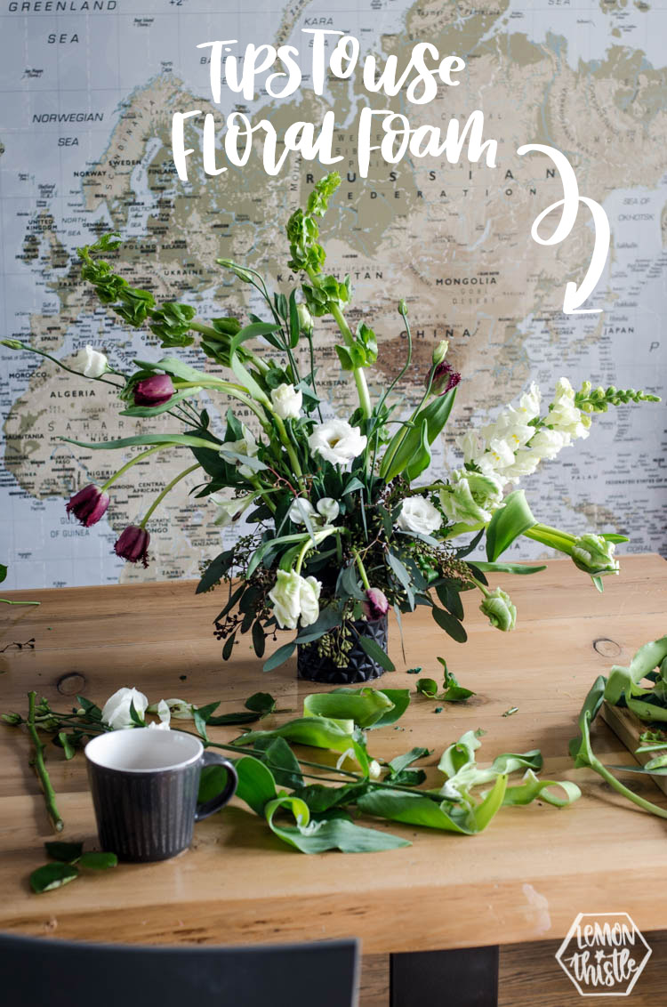 I love this Wild Flower Arrangement with bells of ireland and tulips! Great tips on modern florals using floral wet foam