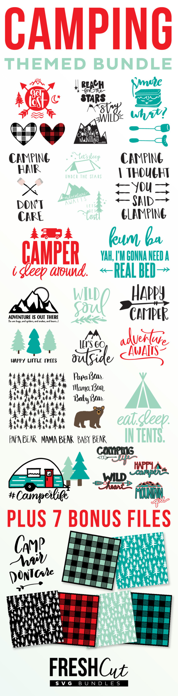 Camping themed Fresh Cut SVG Bundle collage of designs