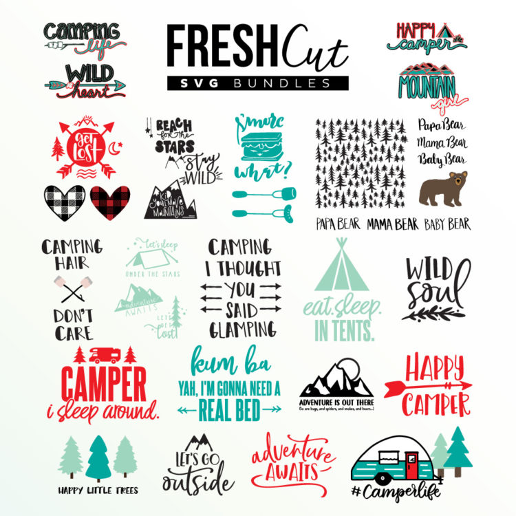 Camping themed Fresh Cut SVG Bundle collage of designs