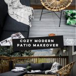 Cozy modern patio makeover text over two images of dark sofa with rattan chair