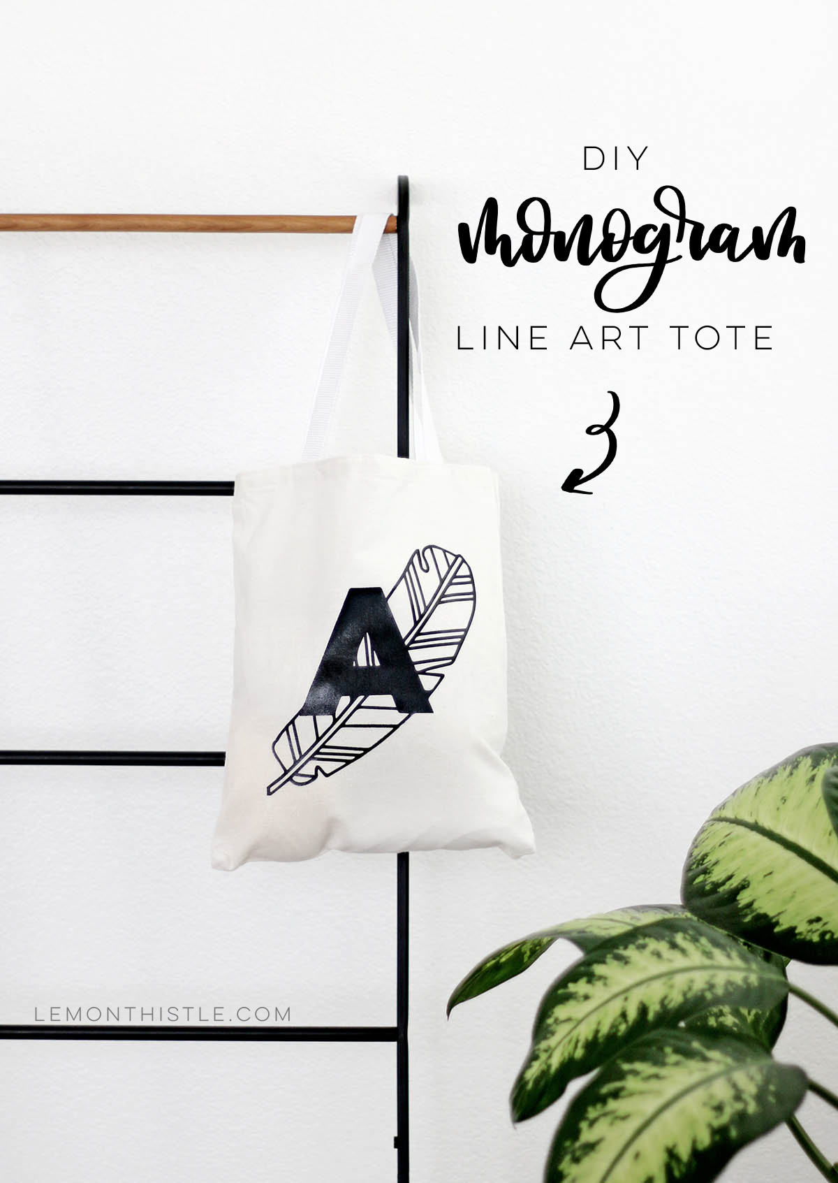 Text overlay: DIY Monogram Line Art Tote Bag