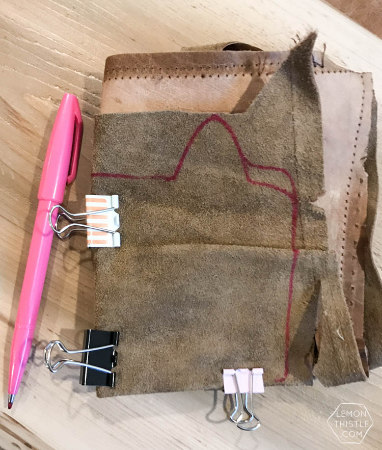 Process- drawing the cut lines for the DIY Leather cat pouch