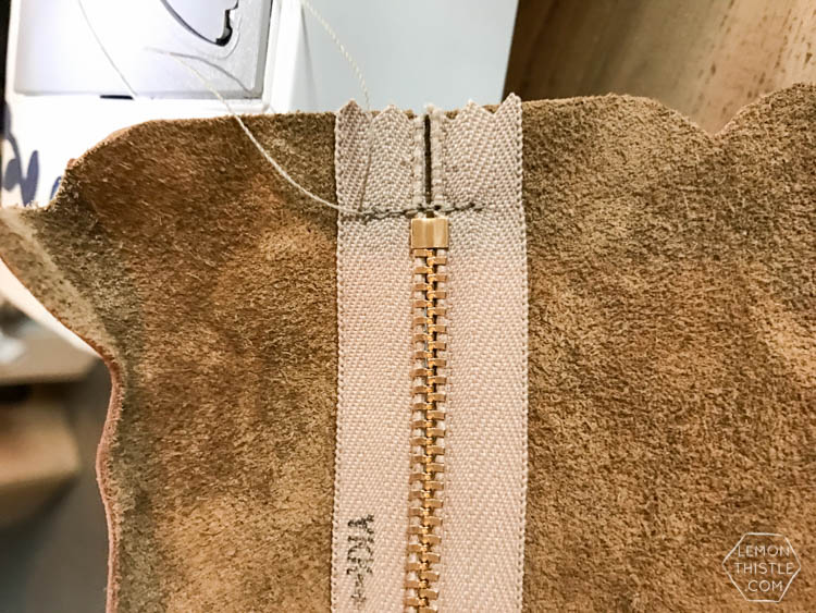 sewing the zipper- DIY Leather cat pouch