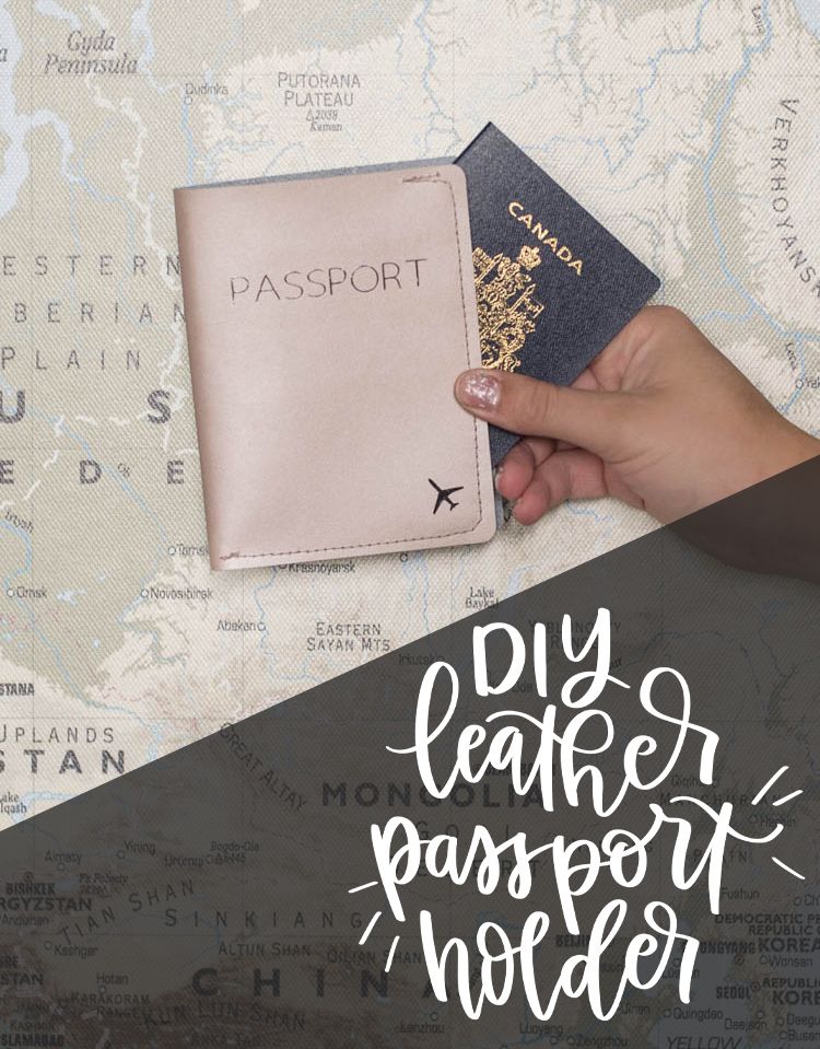 DIY leather passport holder- photo with text overlay