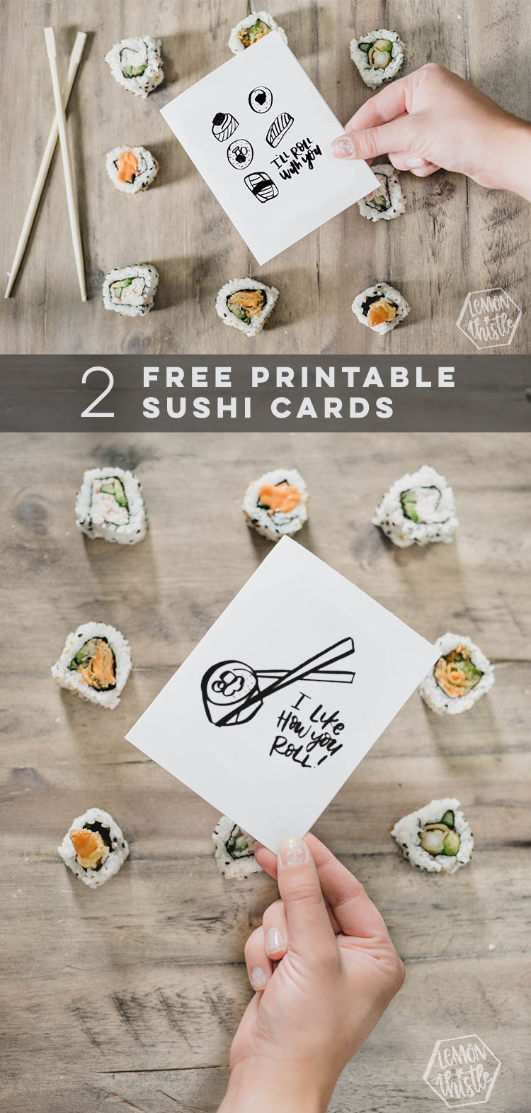 Two free printable sushi cards- collage image of two cards over sushi