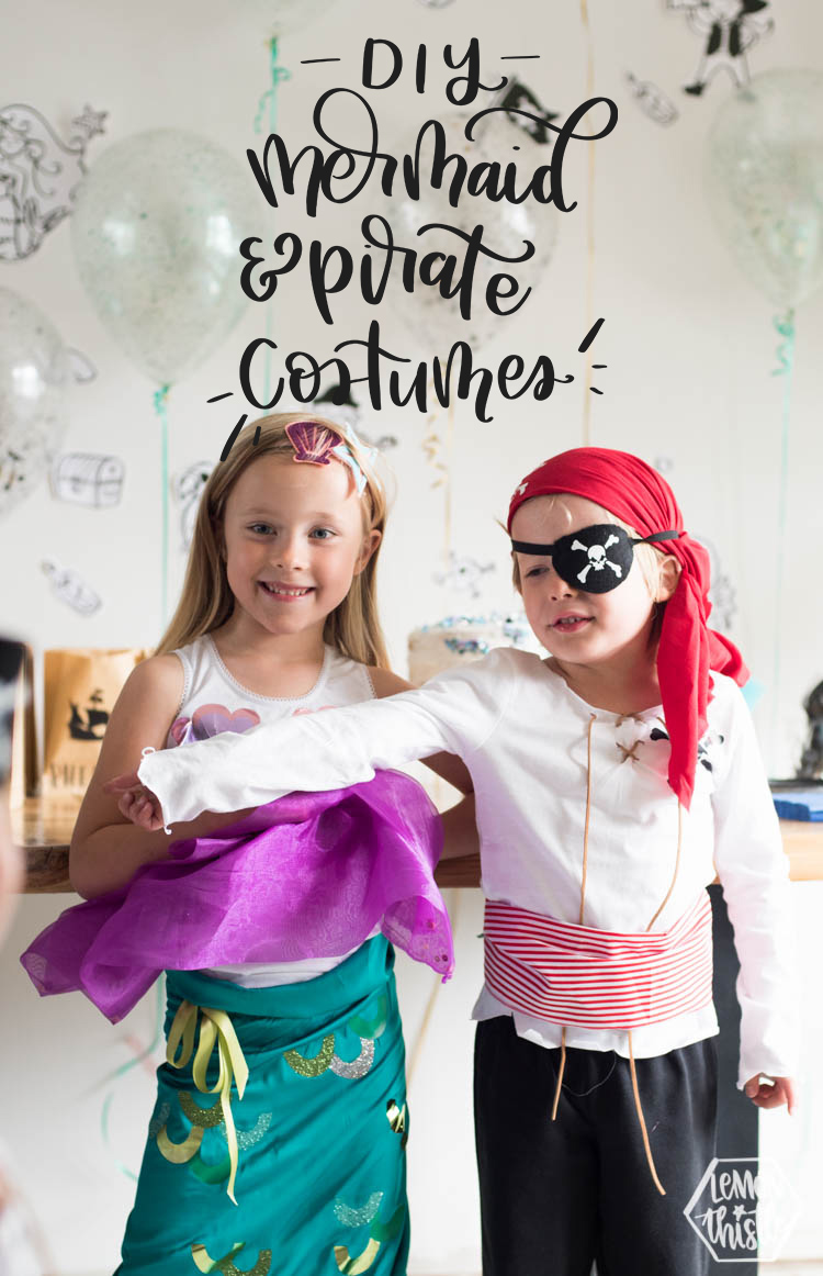 mermaid and pirate costume. Text overlay reads: DIY Mermaid and Pirate Costumes