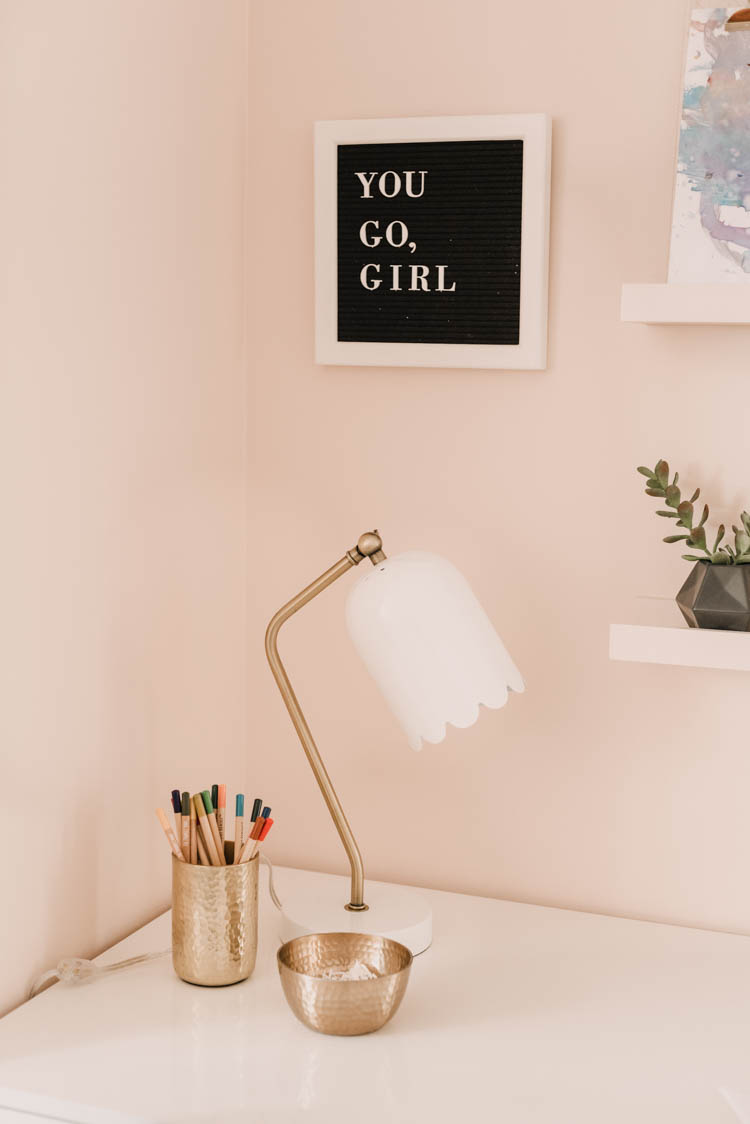 Pretty little girls desk area- love the shelves to display her art