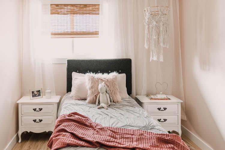 Little girls' bedroom makeover- light pink paint and lot's of modern touches
