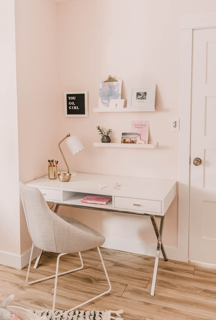 Pretty little girls desk area- love the shelves to display her art