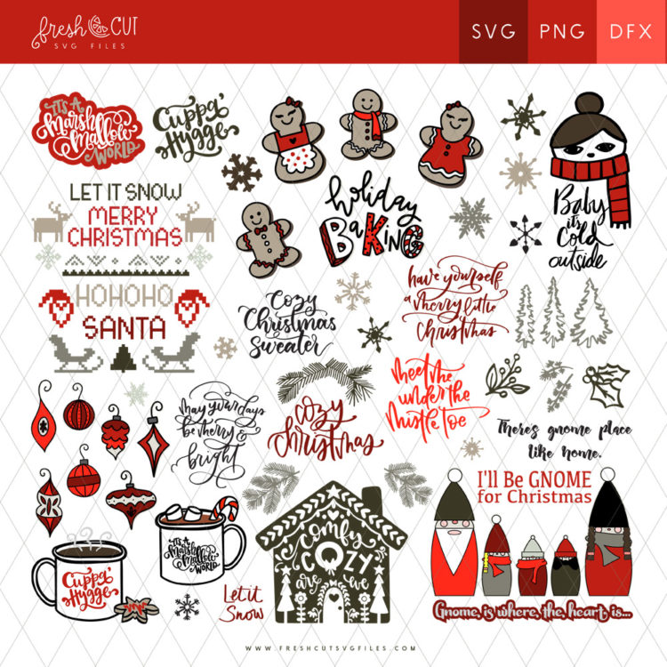 cozy christmas svg cut files bundle collage of all main files