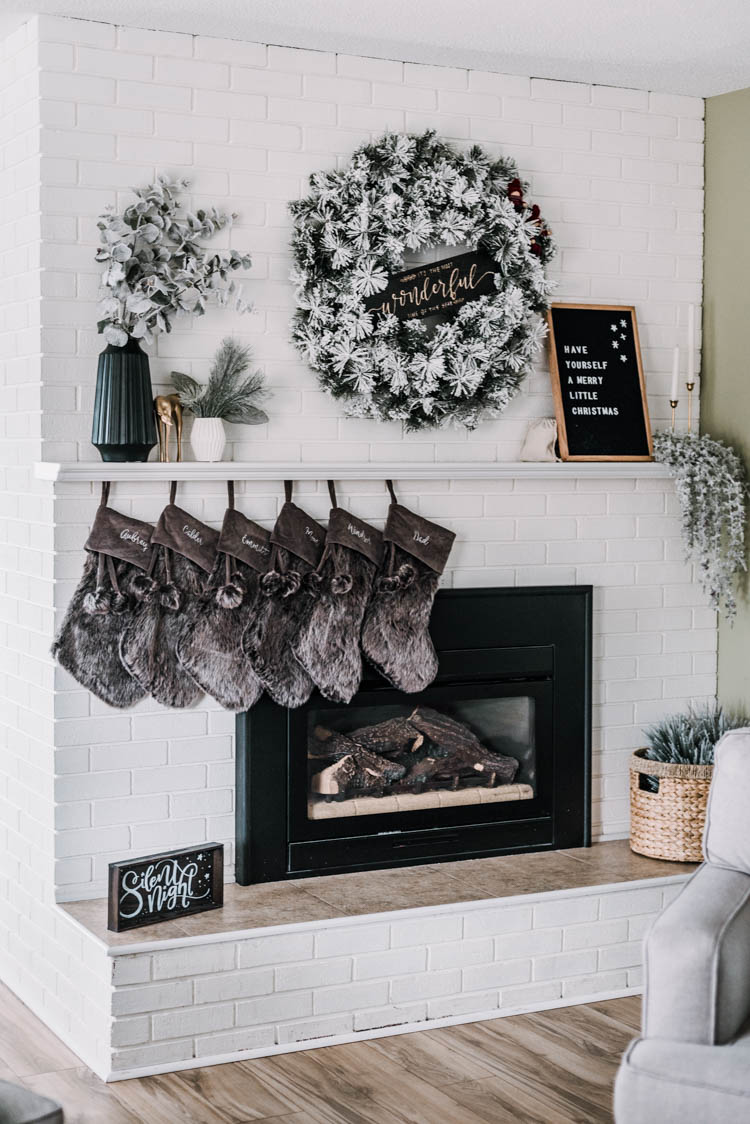 Christmas mantel- love the fur stockings with embroidered names!