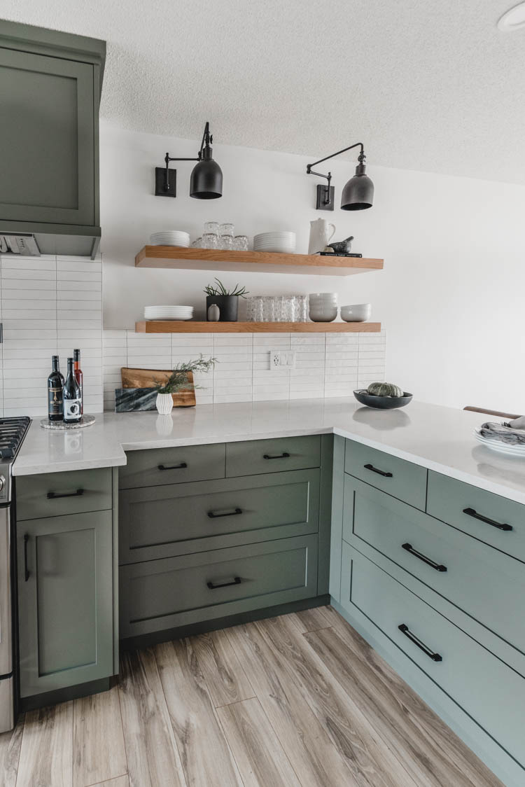 Light wood open shelving in a painted cabinet kitchen!