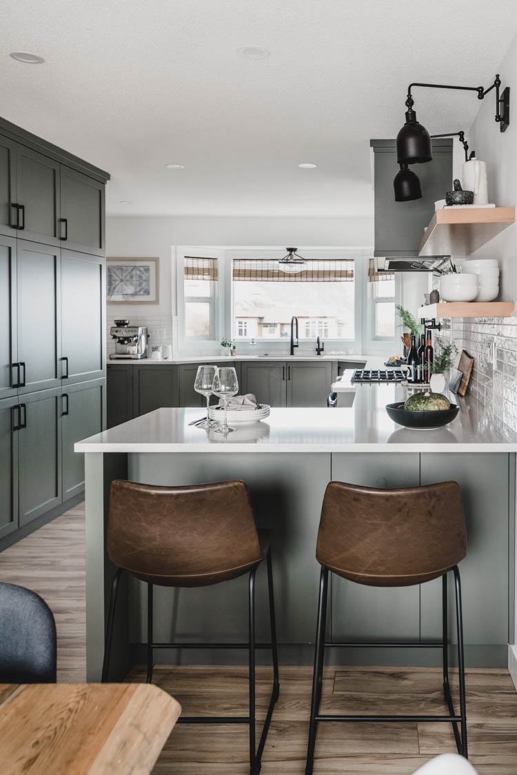 Grey Green Kitchen Tour with open shelving and bay windows