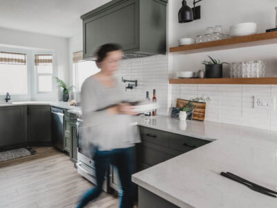 Grey Green Kitchen Tour with open shelving and bay windows