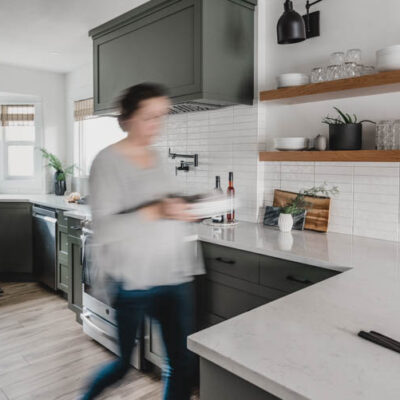 Grey Green Kitchen Tour with open shelving and bay windows