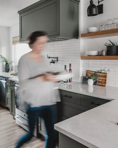 Grey Green Kitchen Tour with open shelving and bay windows