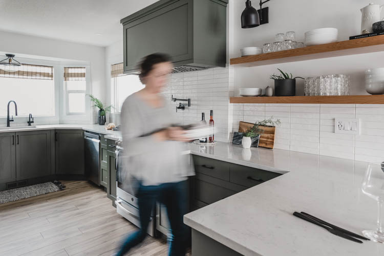 Grey Green Kitchen Tour with open shelving and bay windows