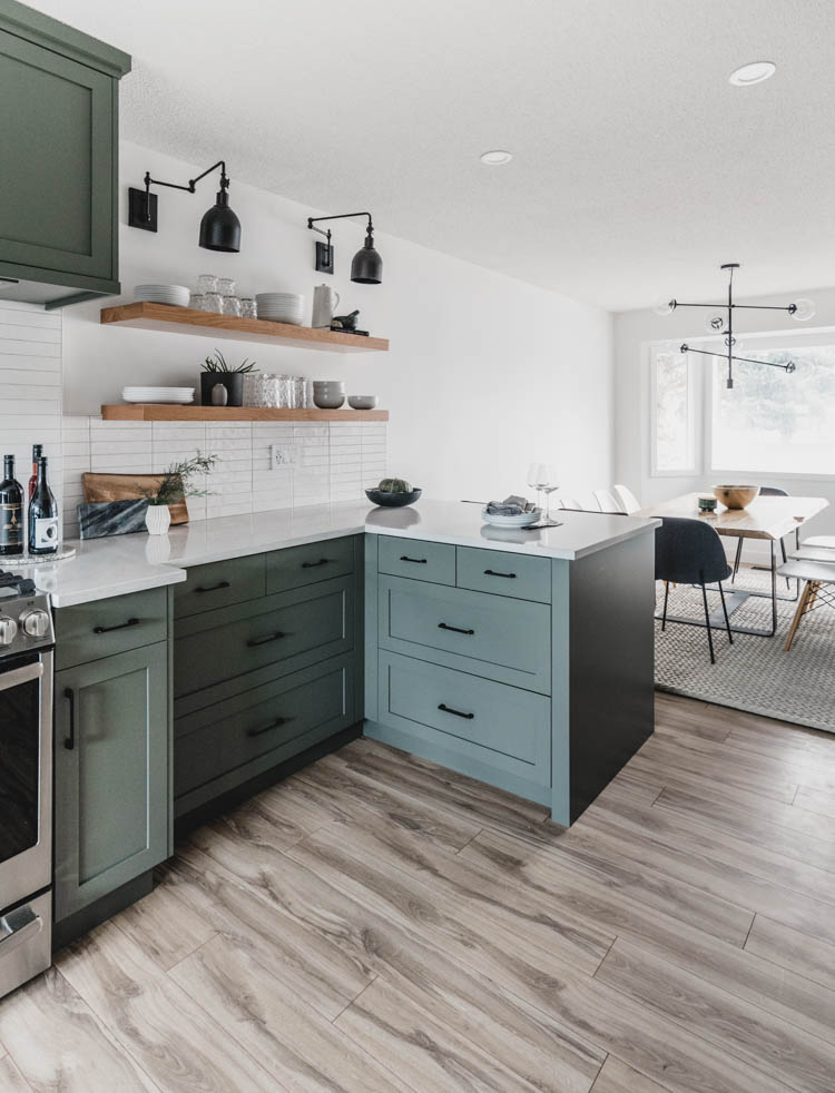 Kitchen tour- before and after of a family home remodelled with green kitchen cabinets!