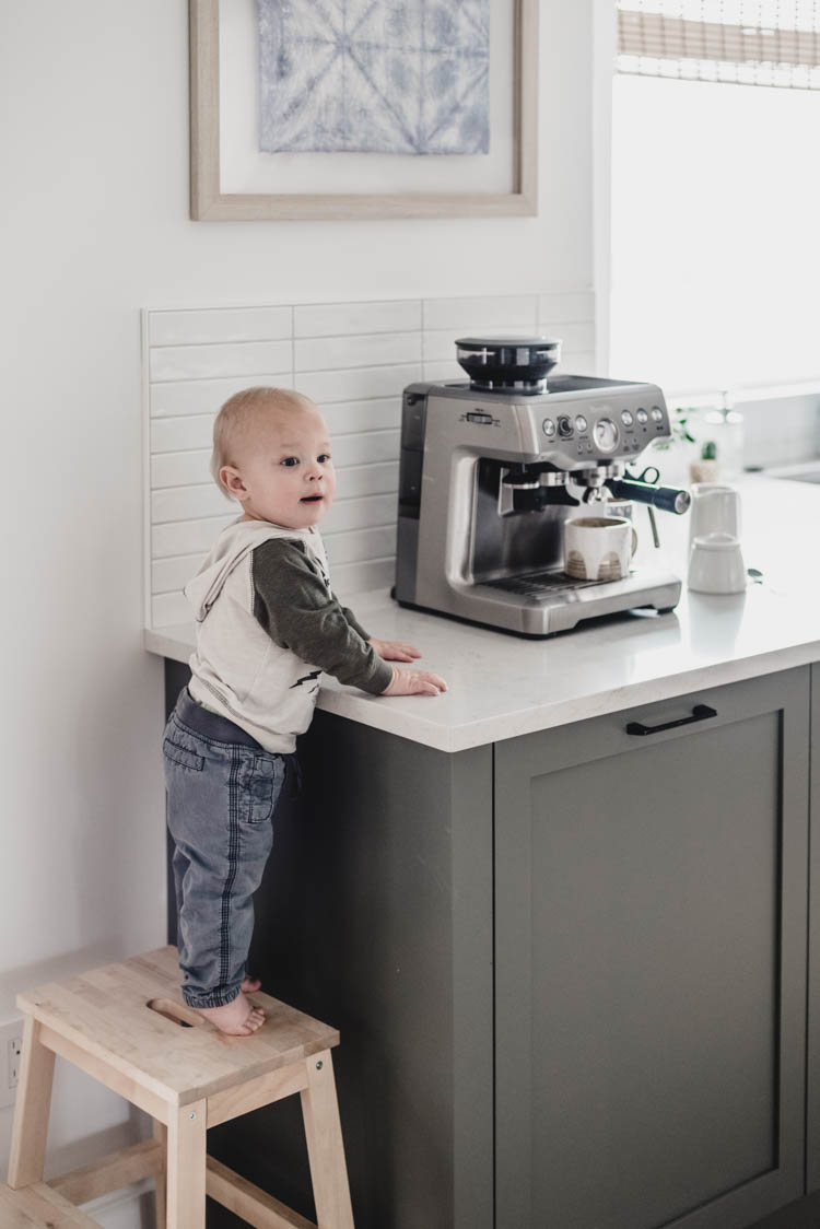 Little helper in the kitchen- pretty coffee bar area