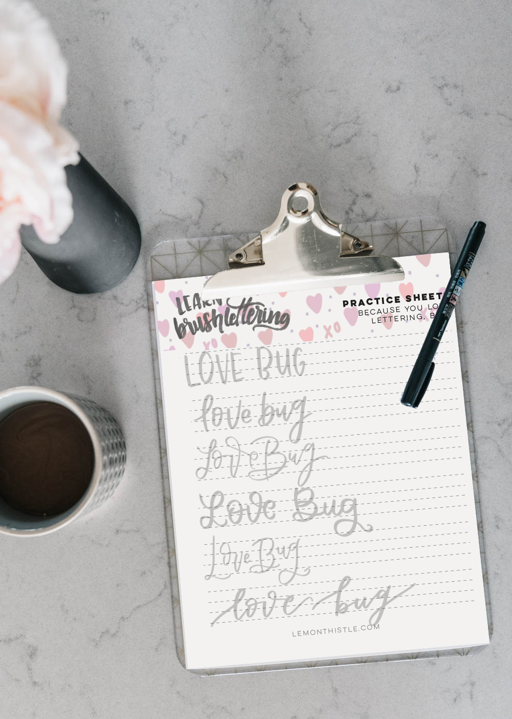 Free Printable Hand Lettering Practice Sheet (Love Bug in 6 styles)