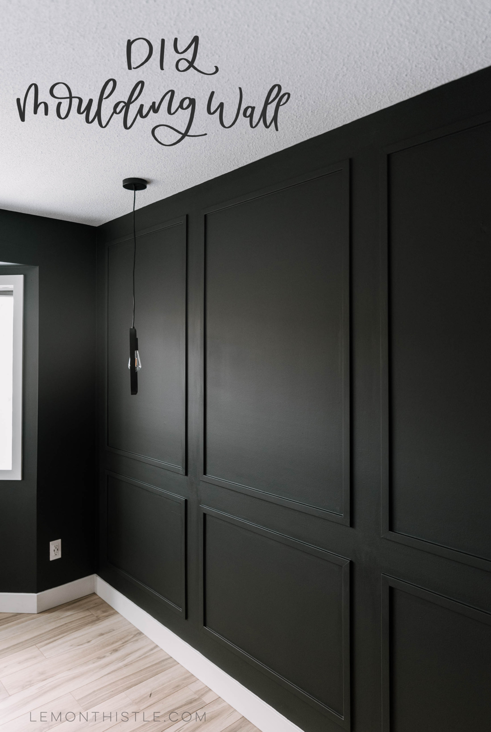 DIY Moulding Wall tips and tutorial text over image of finished moulding wall, picture frame style box moulding painted black