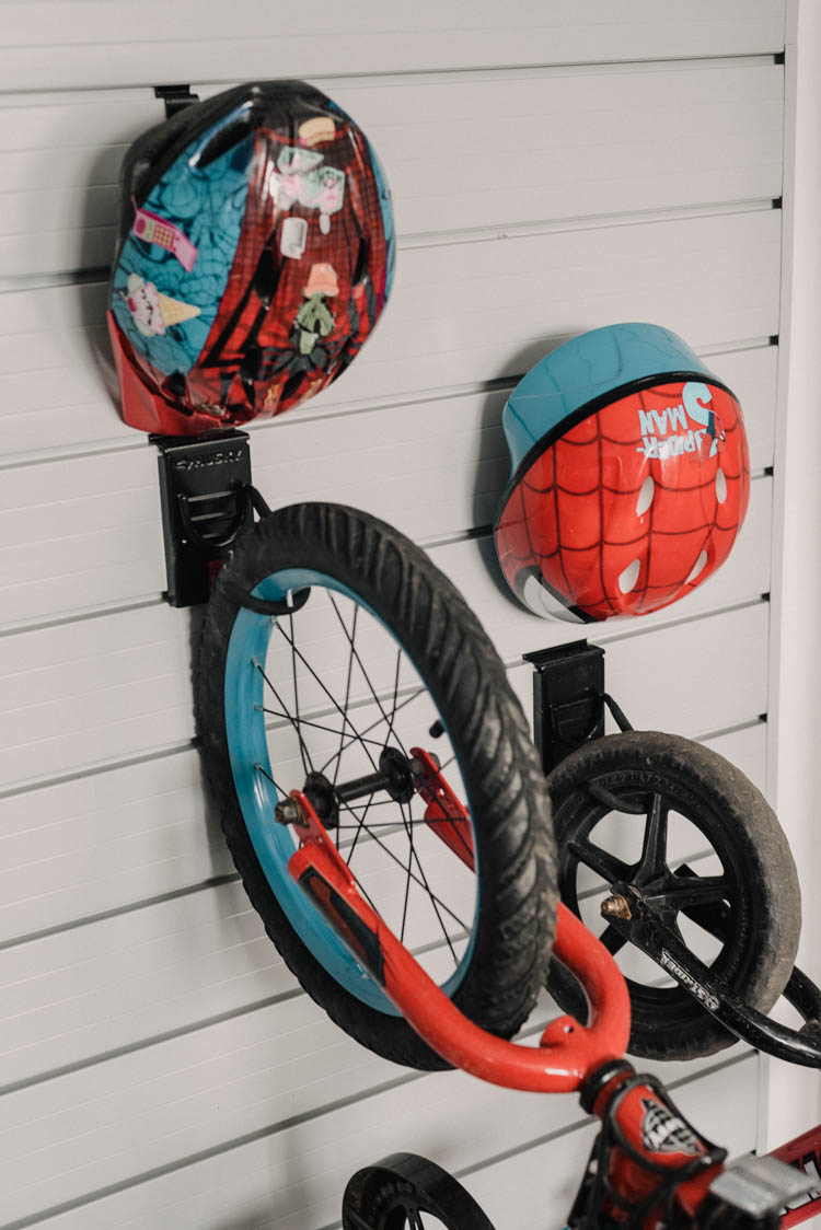 Bike hooks with small hooks for helmet- slat wall storage