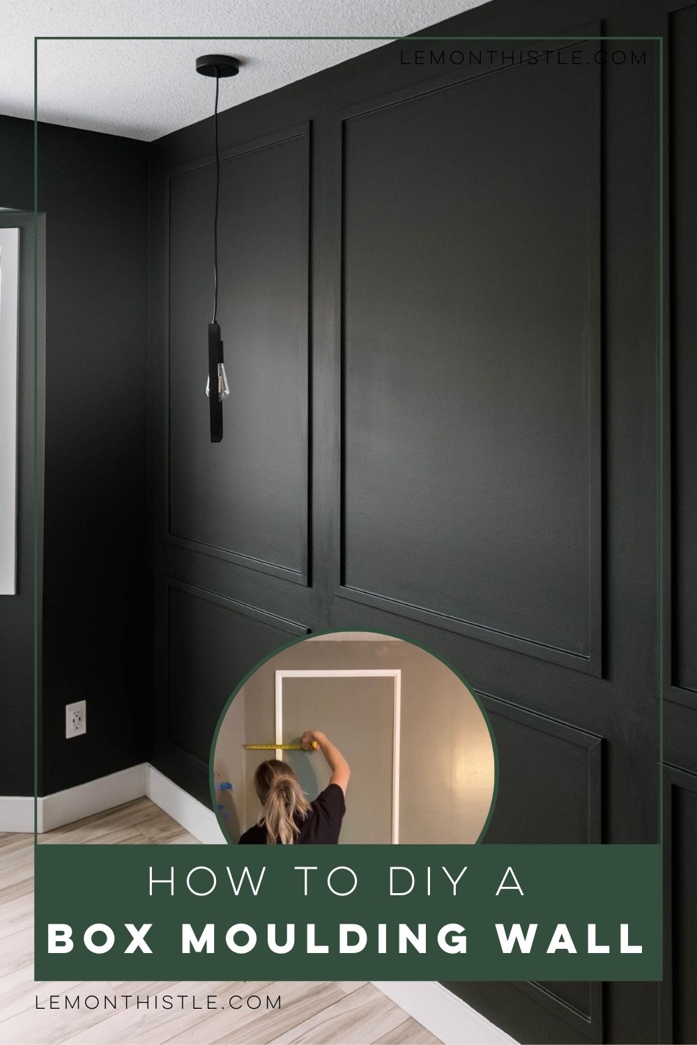 image of finished moulding wall painted black, image overlay of moulding being installed, text overlay reads how to install a diy box moulding wall
