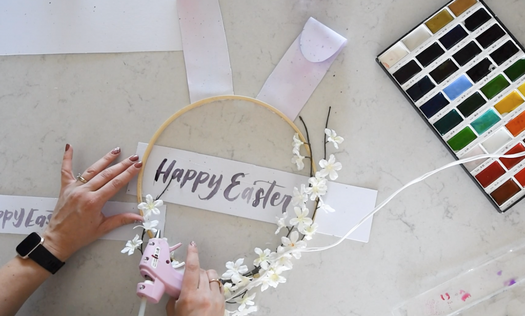 Adding a Happy Easter banner to a hoop wreath