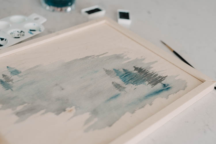 DIY Foggy Trees Watercolor Painting on Wood Lemon Thistle