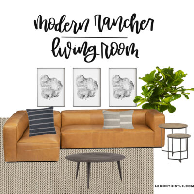 Modern Rancher Living Room Plans with article leather sofa and tree ring prints