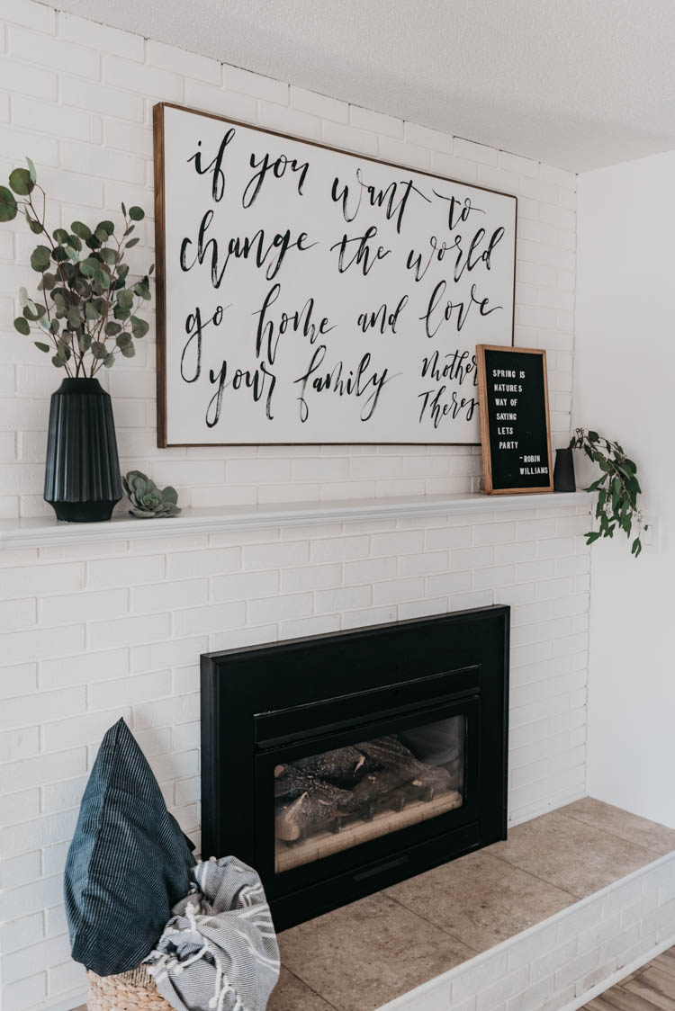 Minimal Spring Mantel decor... love the black and white with fresh greenery... so simple!