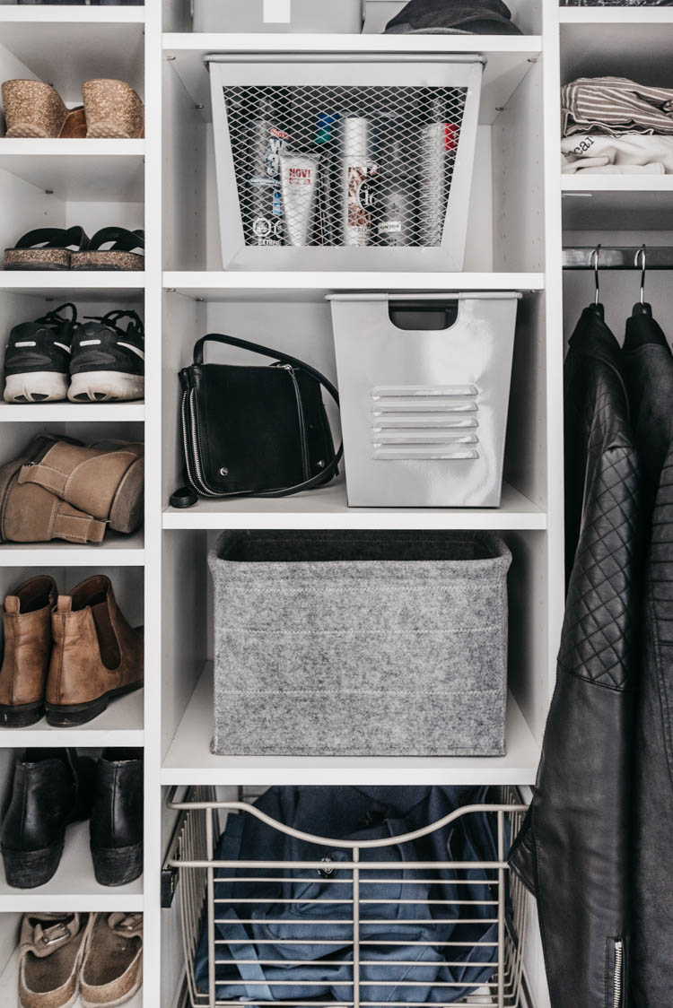 Tips to maximize storage in entry way closet organization for a family- these wire baskets are a great alternative to drawers for kids!