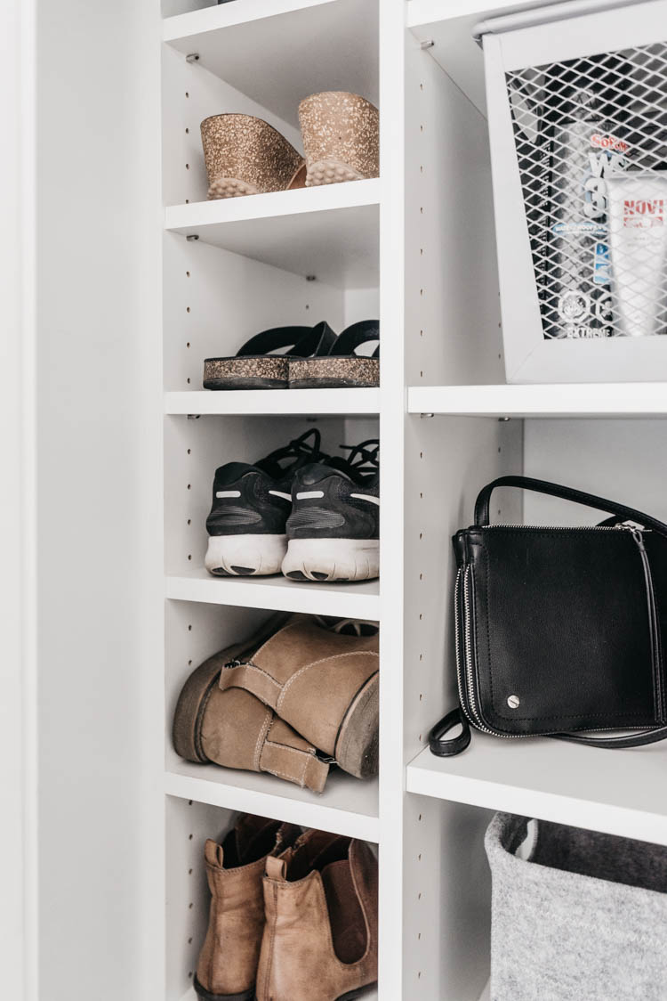 Tips to maximize storage in entry way closet organization for a family- these wire baskets are a great alternative to drawers for kids!